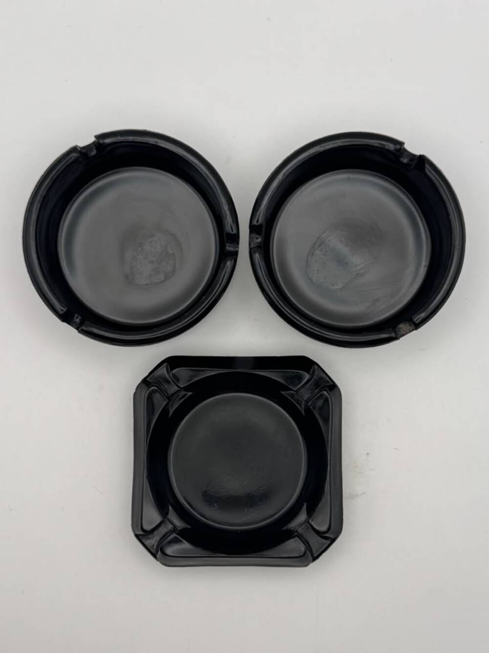 Vintage Black Glass Ashtrays Basket Weave Square Round Lot of 3